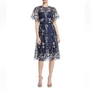 Teri Jon by Ricki Freeman Navy and White Embroidered Tulle Midi Dress Size:8